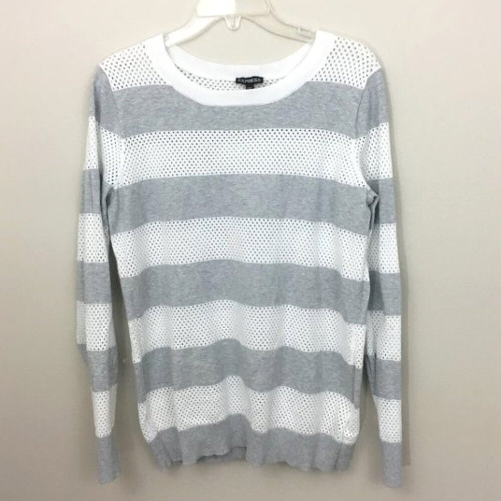 Express Gray White Striped Long Sleeve Top
